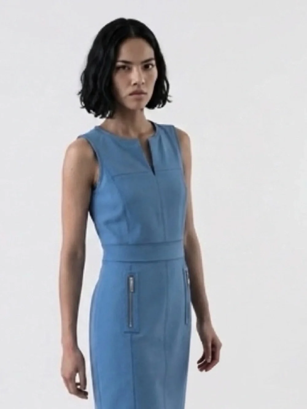 TORY BURCH CHELSEA SHEATH DRESS MONTEGO BLUE ZIPPERED ‎ POCKETS CORP-CORE MODEST